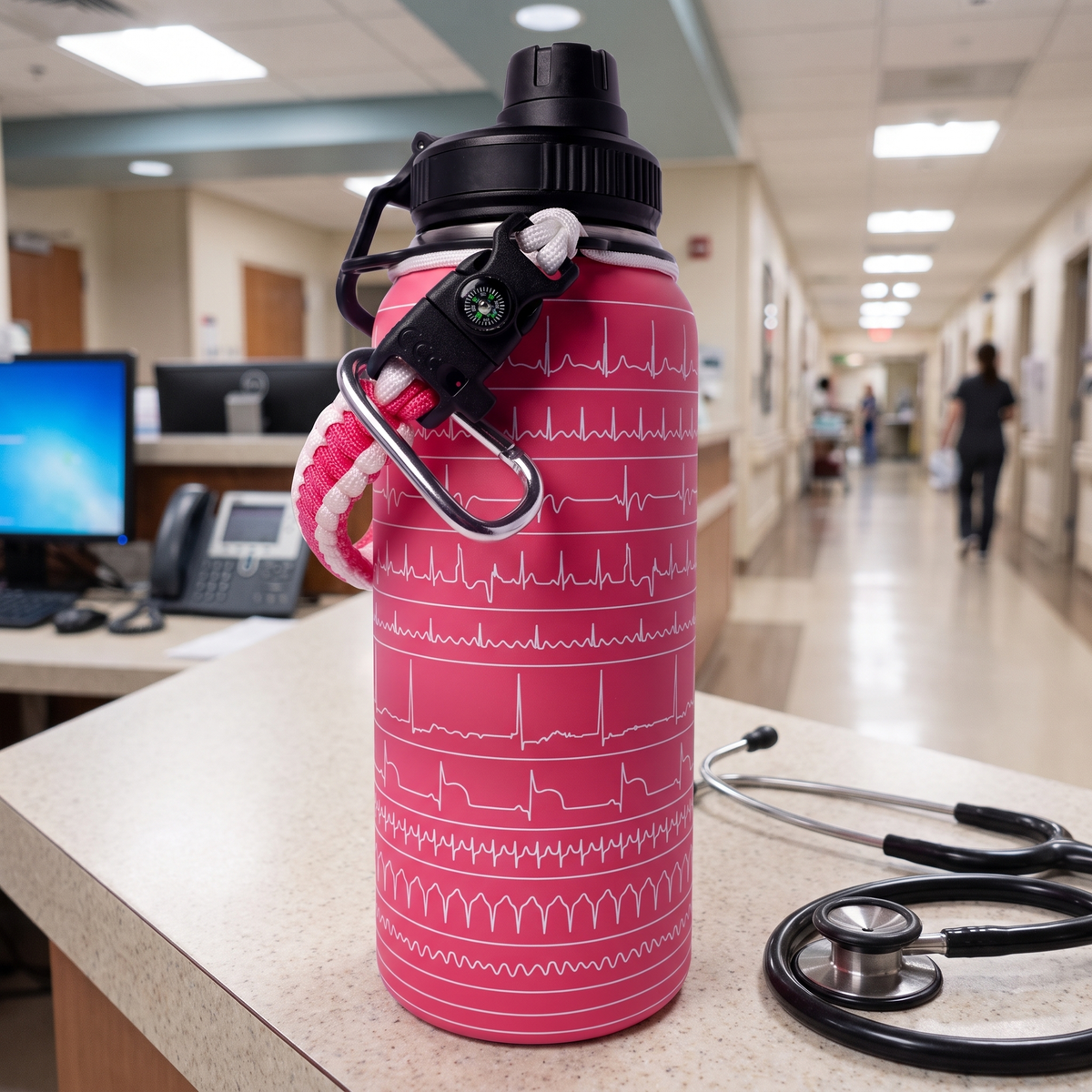 Pink EKG Water Bottle on a hospital nurses' station counter