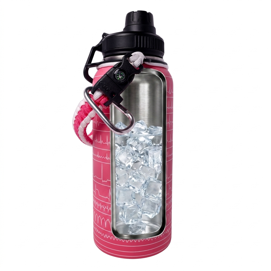 EKG water bottle showing the compass, paracord handle, stainless steel interior and powder-coated exterior